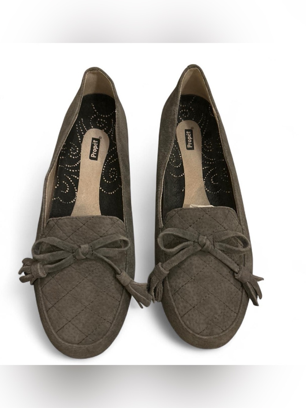 Propét Rejuve Kate Quilted Bow Suede Loafers - Grey Sz 10W Wide